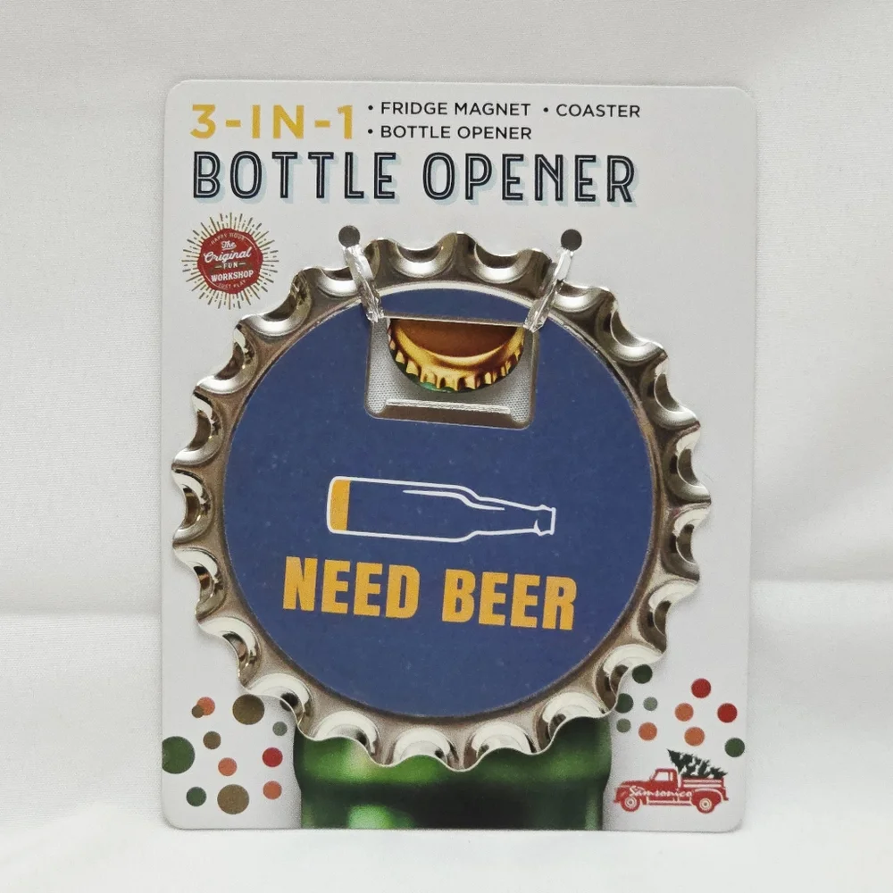 3-in-1 Bottle Opener Fridge Magnet Coaster NEED BEER Man Cave Beer Cap Shape NEW